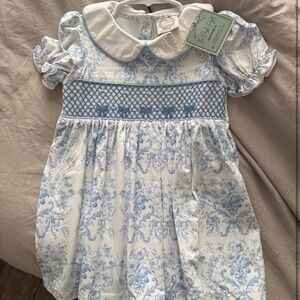 Smocked dress - NWT - blue and white with embedded pearls